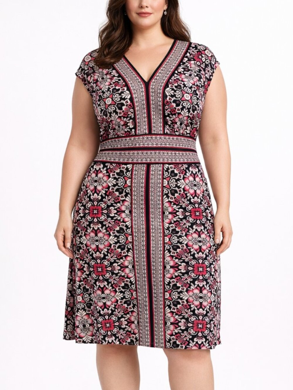 London Times Black Pink Folk Floral Midi Dress 18W NWT $128